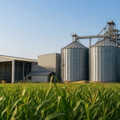 Grain silos and a storage shed beside a standing corn crop