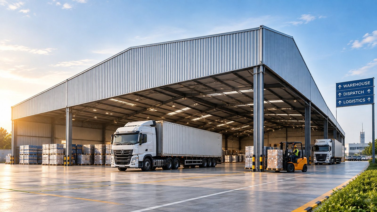 Trucks and forklifts working under a clear-span transport shed