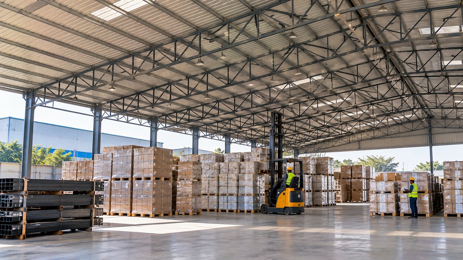 Wide-span steel shed over rows of palletised cartons