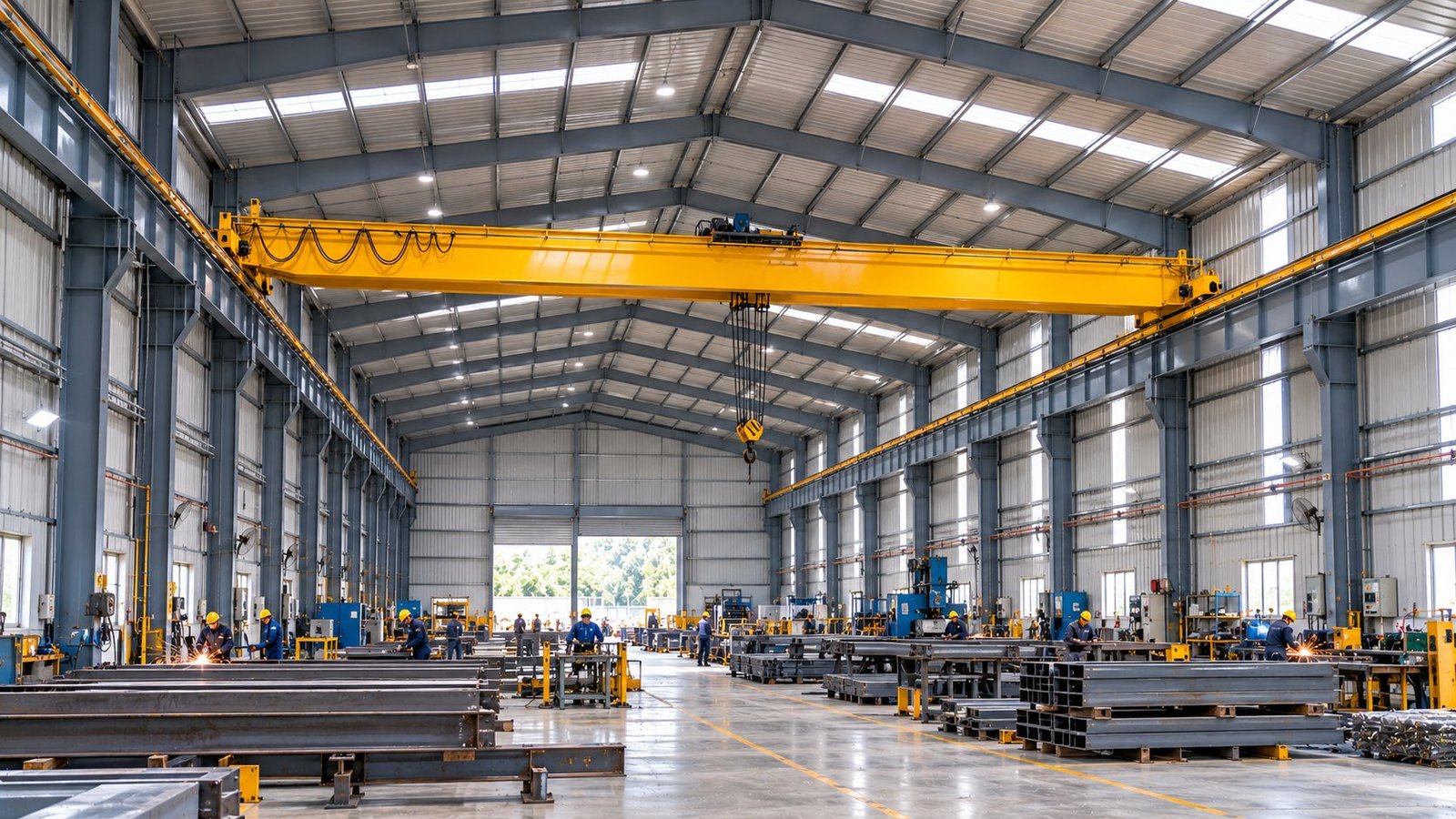 Clear-span PEB interior with a top-running EOT crane