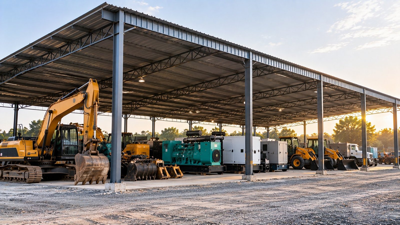 Heavy machinery parked under a wide-span steel shed