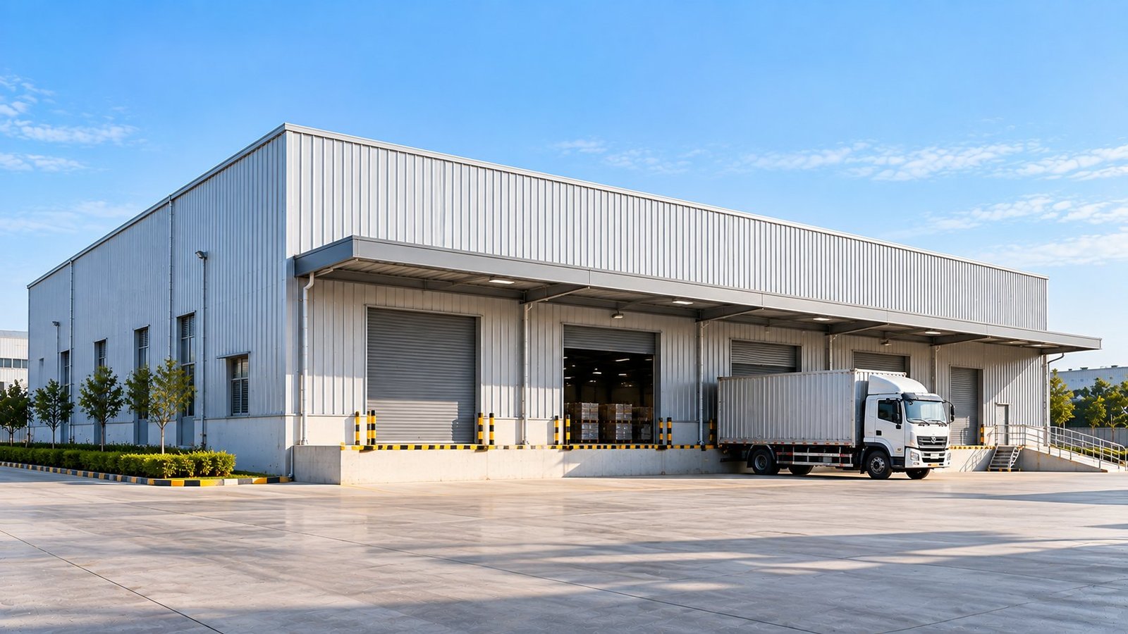 Flat-roof PEB structure with a loading bay