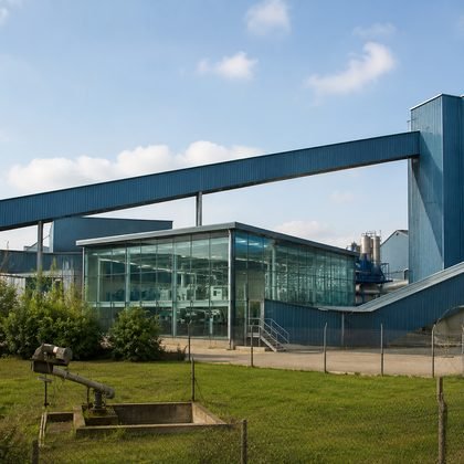 Glass manufacturing plant with a glazed production hall