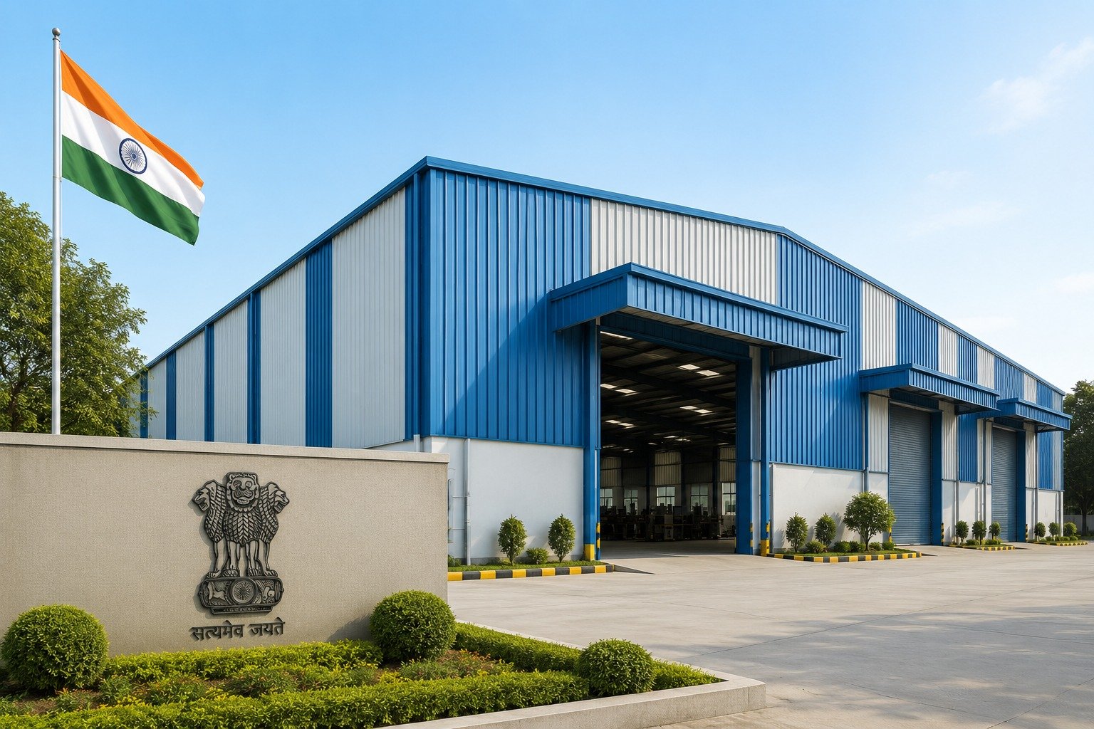 Government shed with the national flag and state emblem at the gate