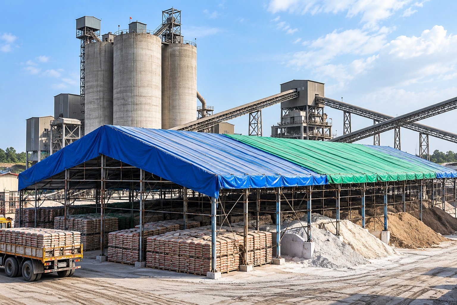 Cement plant with batching tower and storage silos