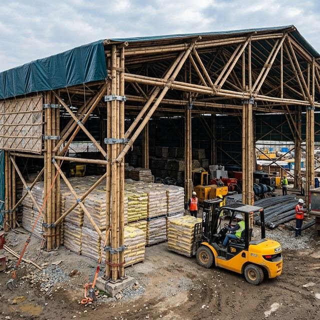 Construction site with a temporary storage shed