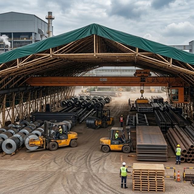 Steel mill operating under a wide-span metal shed