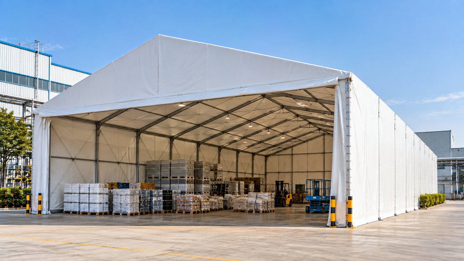 White PVC industrial shed over palletised finished goods