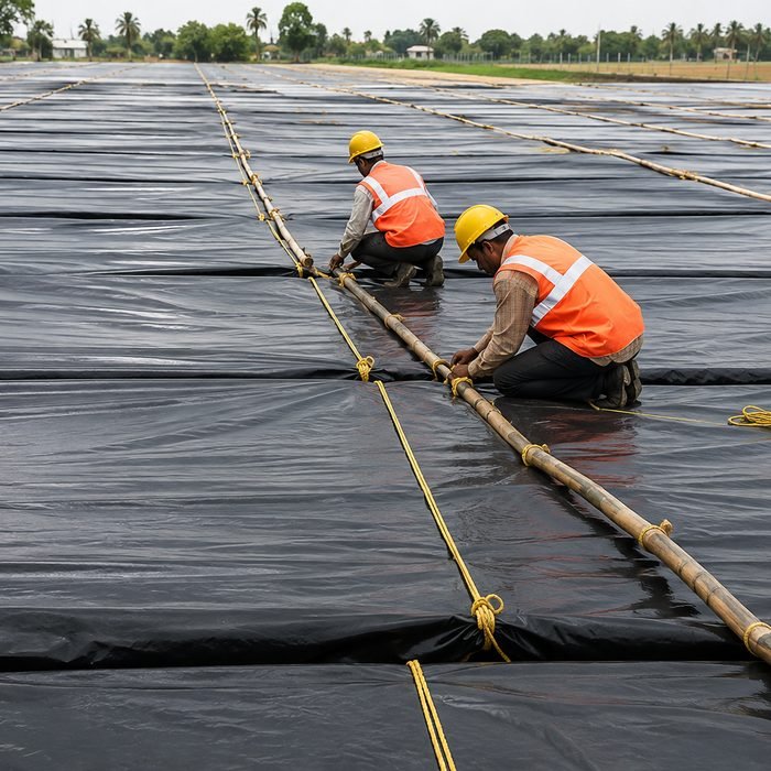 Crew lashing sheeting to bamboo poles across a covered yard