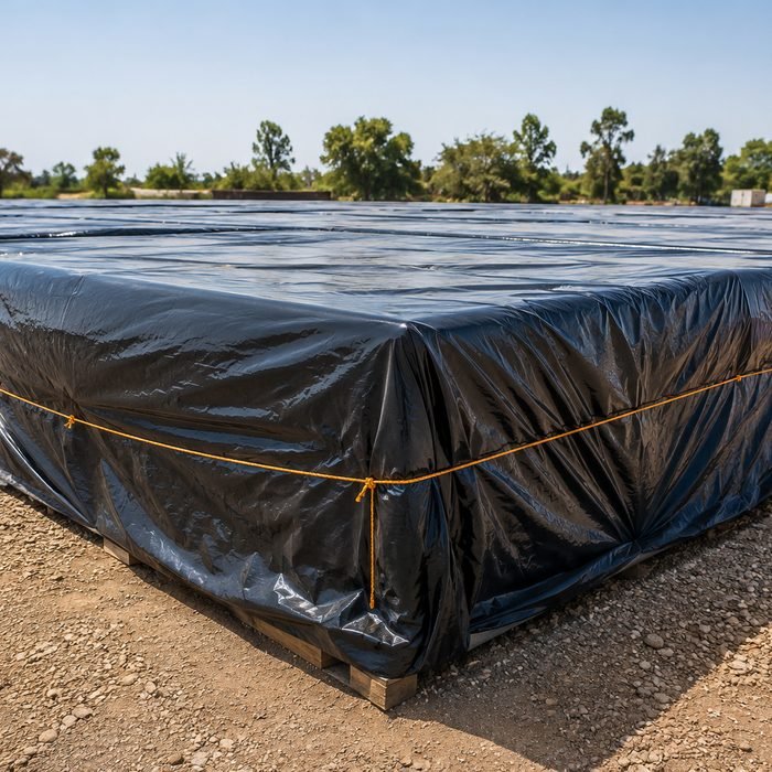 Roped-down HDPE tarpaulin covers over stacked material