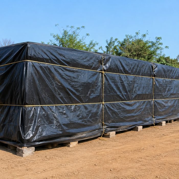 PVC-coated covers over a long palletised stack
