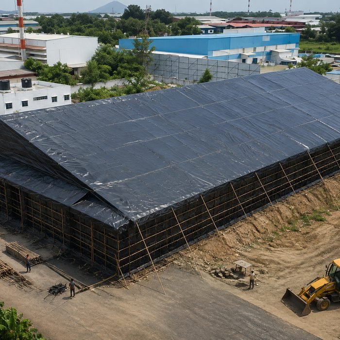 Hybrid MS-framed shed with tarpaulin cladding
