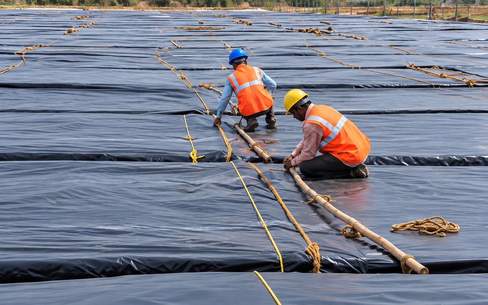 Bamboo-framed tarpaulin shed under erection