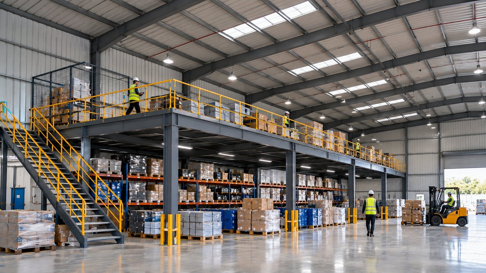 PEB interior with a steel mezzanine floor and racking