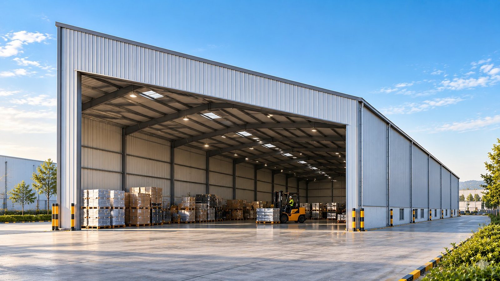 Mono-slope clear-span PEB shed with a single roof plane
