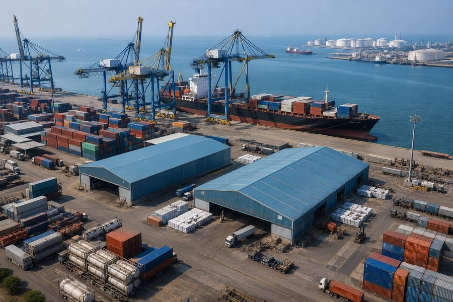Container port with gantry cranes and dockside sheds
