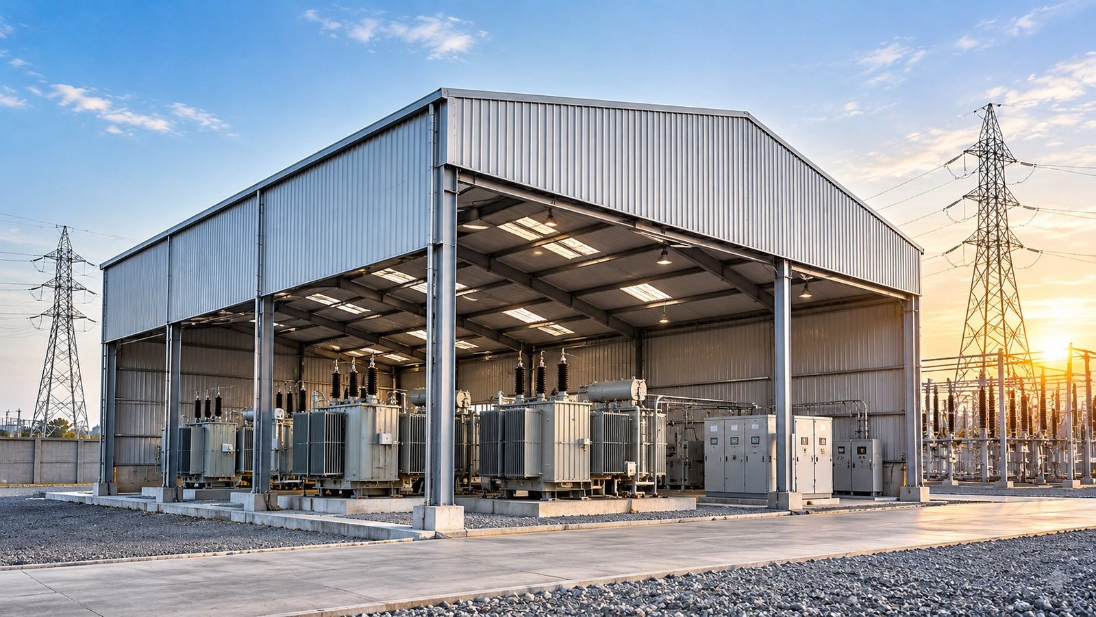 Transformer bay shed at a power substation with pylons behind