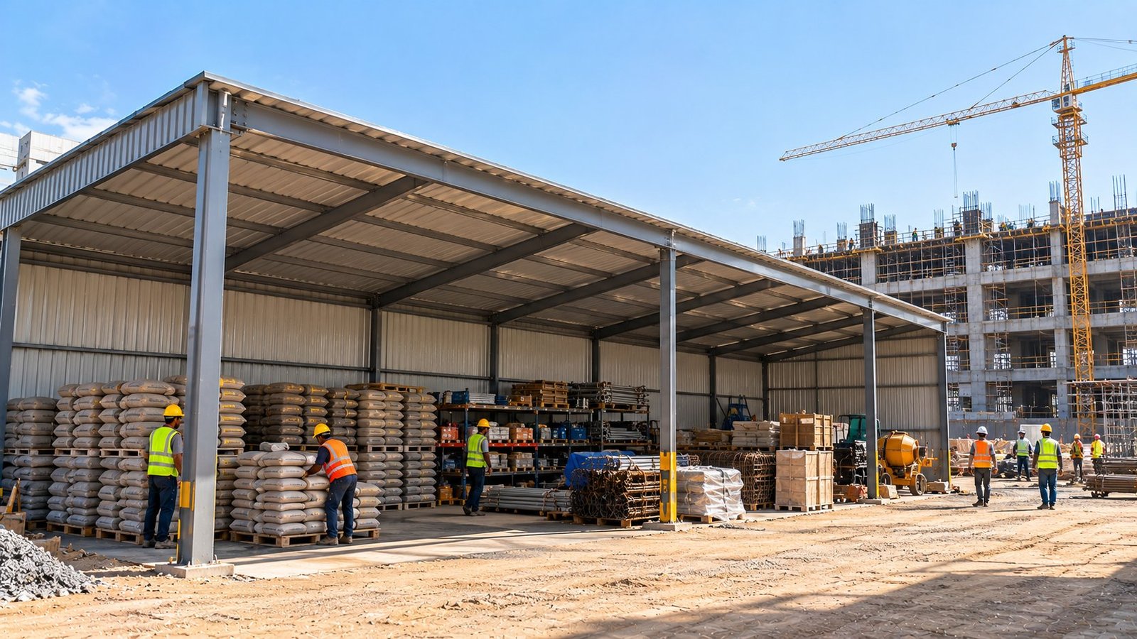 Metal shed sheltering materials at an active project site