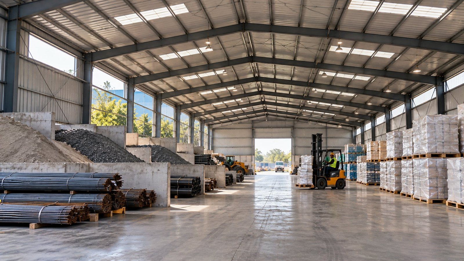 Steel shed holding raw material bays and finished goods