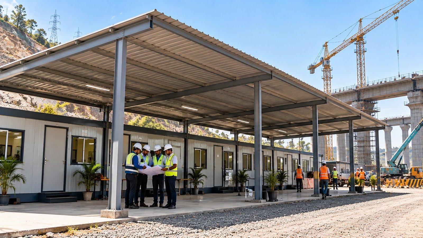 Temporary site offices under a wide steel shed roof