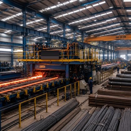 Steel rolling mill with glowing billet on the run-out table and stacked bar