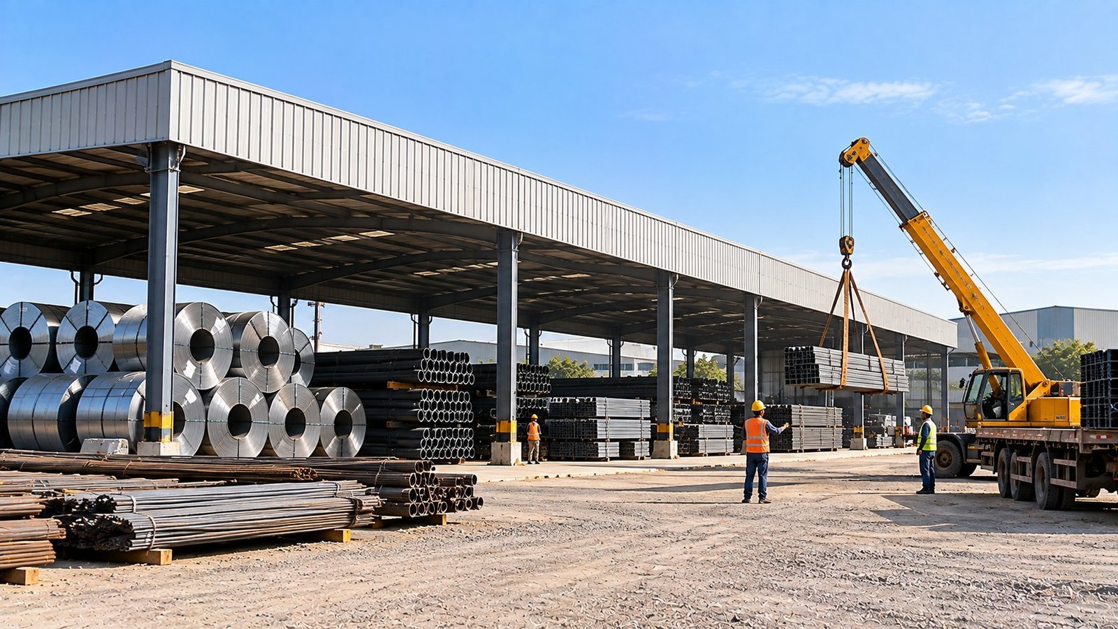 Steel coils and pipes stored under a long metal shed