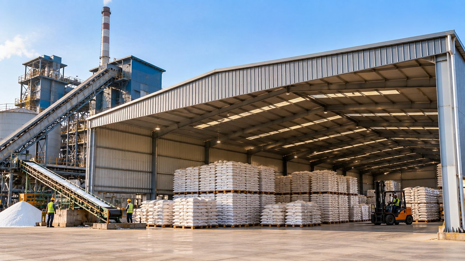 Metal shed over sacked produce at a sugar mill