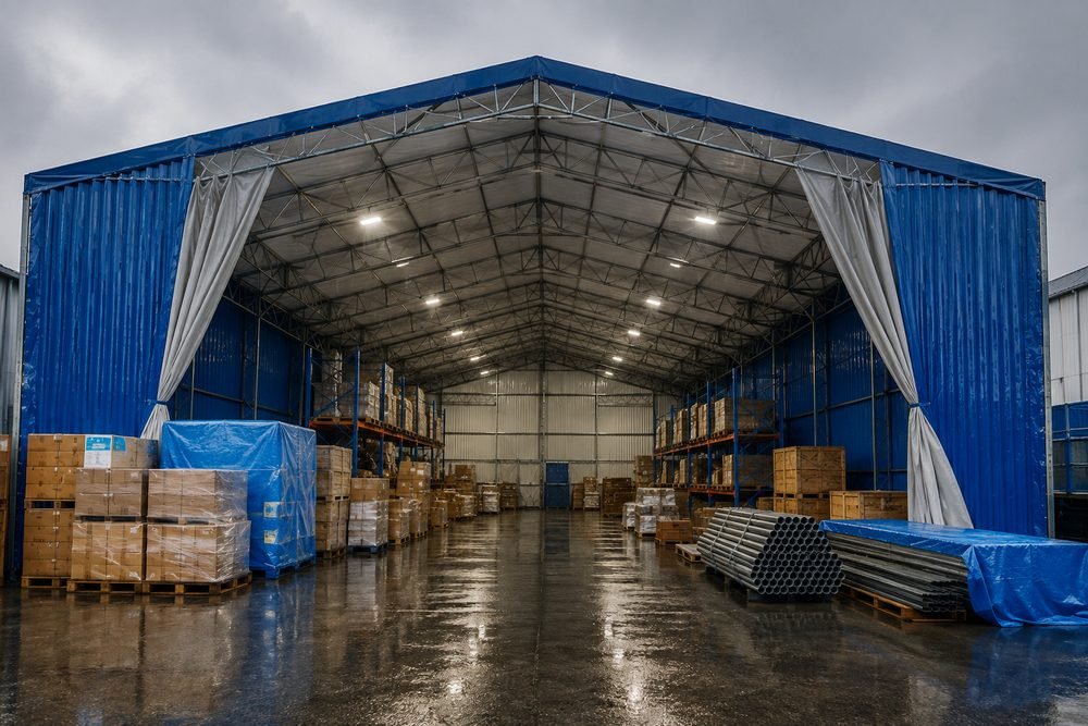 Interior of a temporary monsoon shed in use