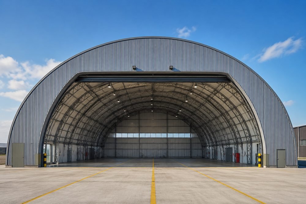 Arched clear-span hangar with an open front