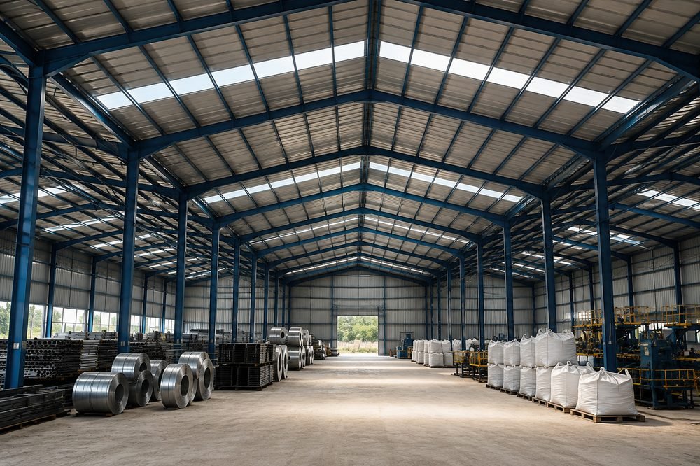 Wide-span steel shed over an industrial floor