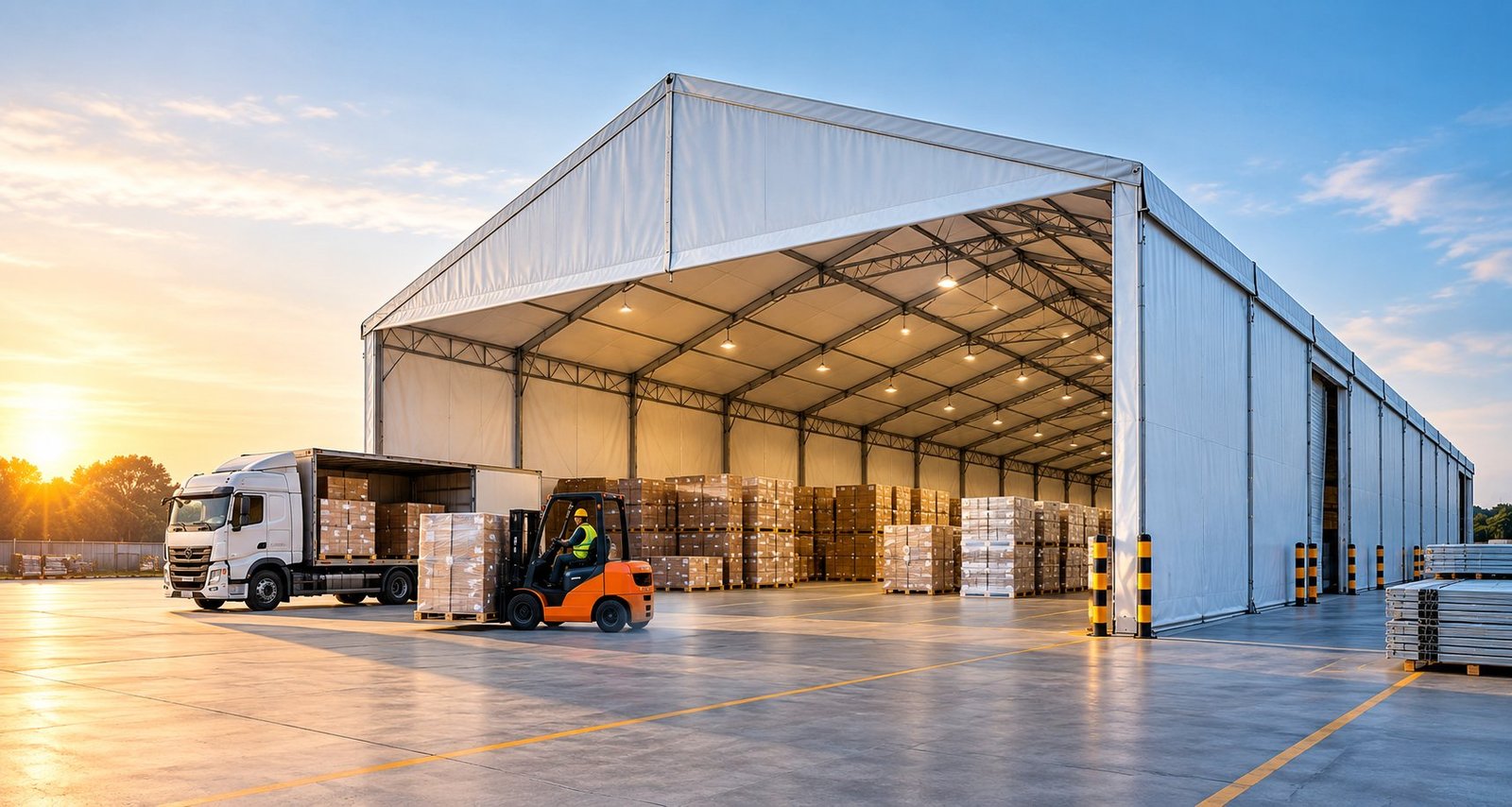 Forklift loading palletised stock at a clear-span warehousing shed
