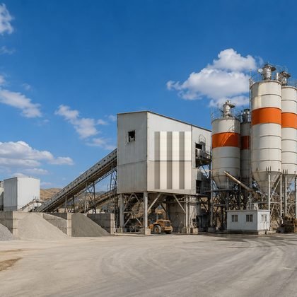 Cement plant with batching tower, storage silos and aggregate stockpiles